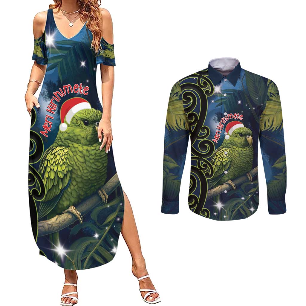 New Zealand Christmas Couples Matching Summer Maxi Dress and Long Sleeve Button Shirt Cute Kakapo Meri Kirihimete Maori Koru LT14 Blue - Polynesian Pride