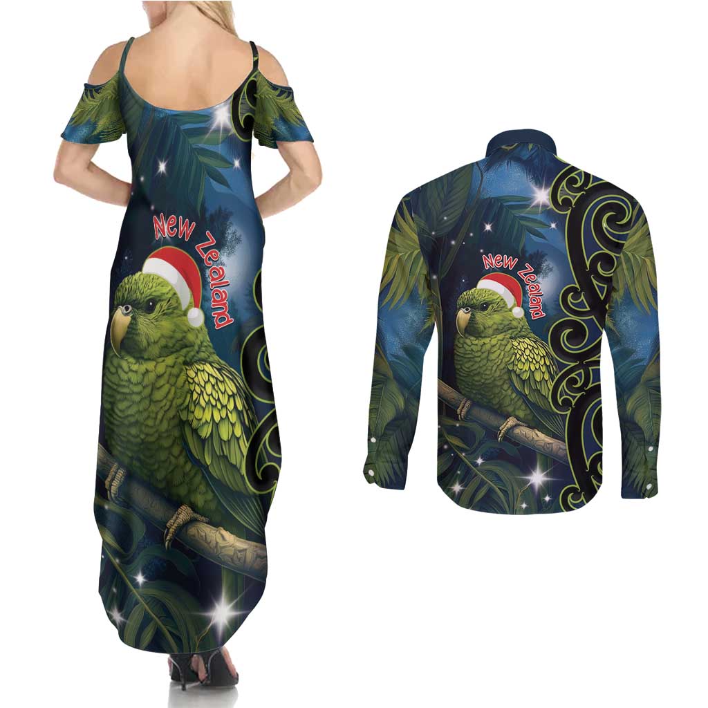 New Zealand Christmas Couples Matching Summer Maxi Dress and Long Sleeve Button Shirt Cute Kakapo Meri Kirihimete Maori Koru LT14 - Polynesian Pride