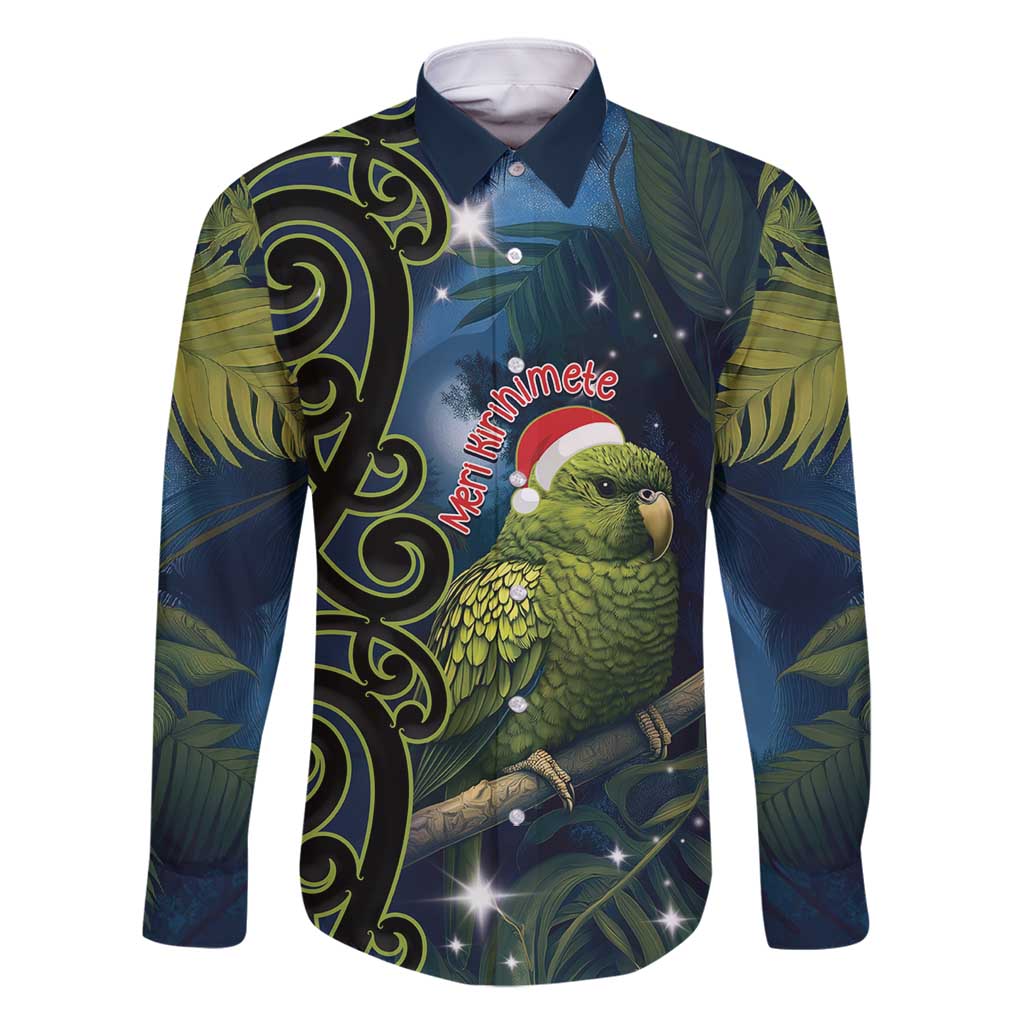 New Zealand Christmas Family Matching Long Sleeve Bodycon Dress and Hawaiian Shirt Cute Kakapo Meri Kirihimete Maori Koru LT14 Dad's Shirt - Long Sleeve Blue - Polynesian Pride