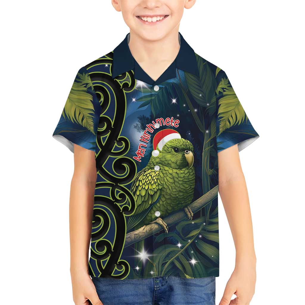 New Zealand Christmas Family Matching Long Sleeve Bodycon Dress and Hawaiian Shirt Cute Kakapo Meri Kirihimete Maori Koru LT14 Son's Shirt Blue - Polynesian Pride