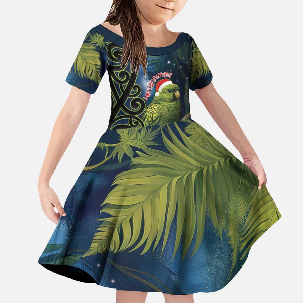 New Zealand Christmas Family Matching Short Sleeve Bodycon Dress and Hawaiian Shirt Cute Kakapo Meri Kirihimete Maori Koru LT14 Daughter's Dress Blue - Polynesian Pride