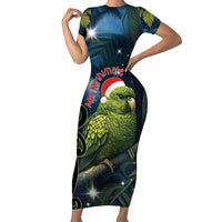 New Zealand Christmas Family Matching Short Sleeve Bodycon Dress and Hawaiian Shirt Cute Kakapo Meri Kirihimete Maori Koru LT14 Mom's Dress Blue - Polynesian Pride