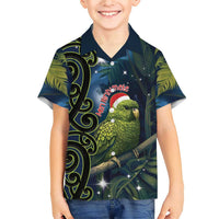 New Zealand Christmas Family Matching Short Sleeve Bodycon Dress and Hawaiian Shirt Cute Kakapo Meri Kirihimete Maori Koru LT14 Son's Shirt Blue - Polynesian Pride