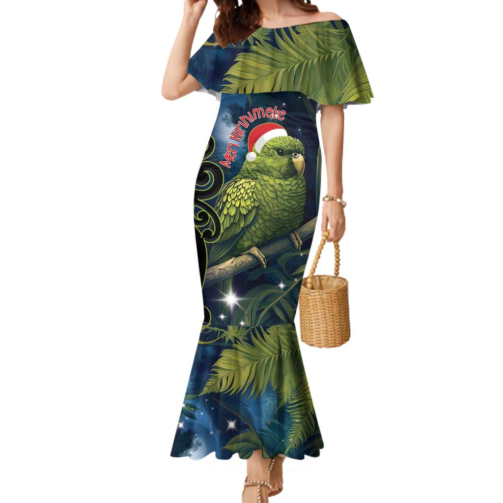 New Zealand Christmas Mermaid Dress Cute Kakapo Meri Kirihimete Maori Koru LT14 Women Blue - Polynesian Pride