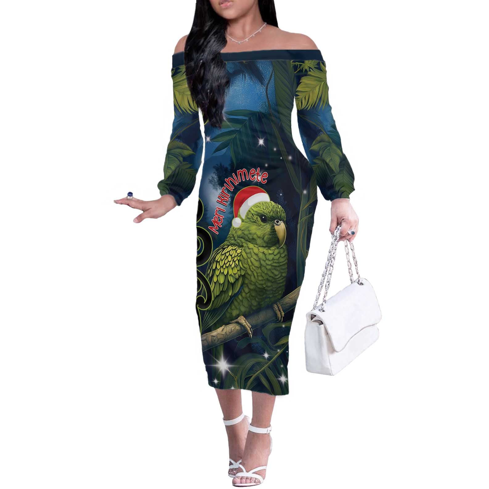 New Zealand Christmas Off The Shoulder Long Sleeve Dress Cute Kakapo Meri Kirihimete Maori Koru