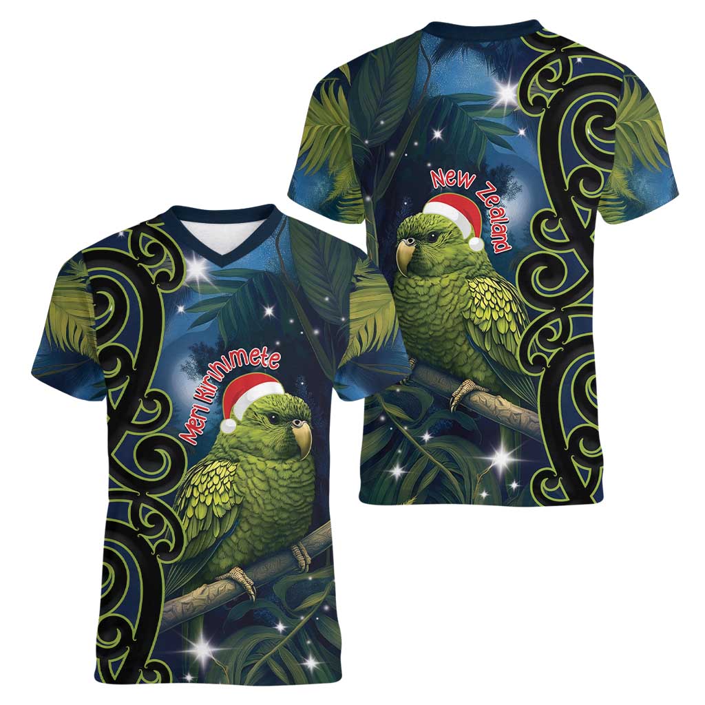 New Zealand Christmas Women V-Neck T-Shirt Cute Kakapo Meri Kirihimete Maori Koru LT14 - Polynesian Pride