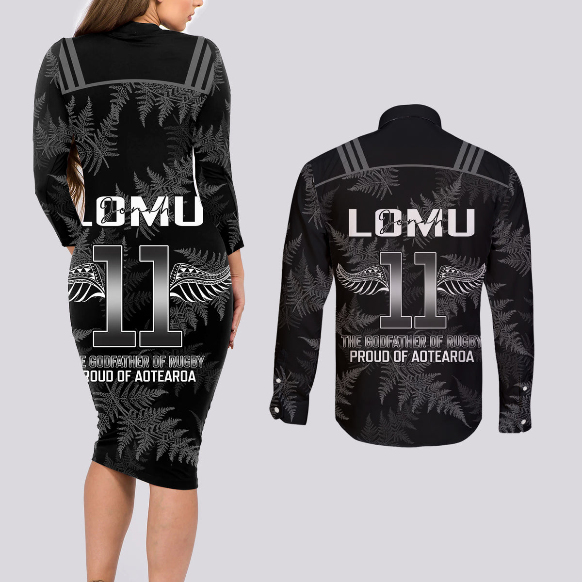 New Zealand Silver Fern Rugby Couples Matching Long Sleeve Bodycon Dress and Long Sleeve Button Shirt Aotearoa Godfather Proud Gone But Never Forgotten LT14 - Polynesian Pride