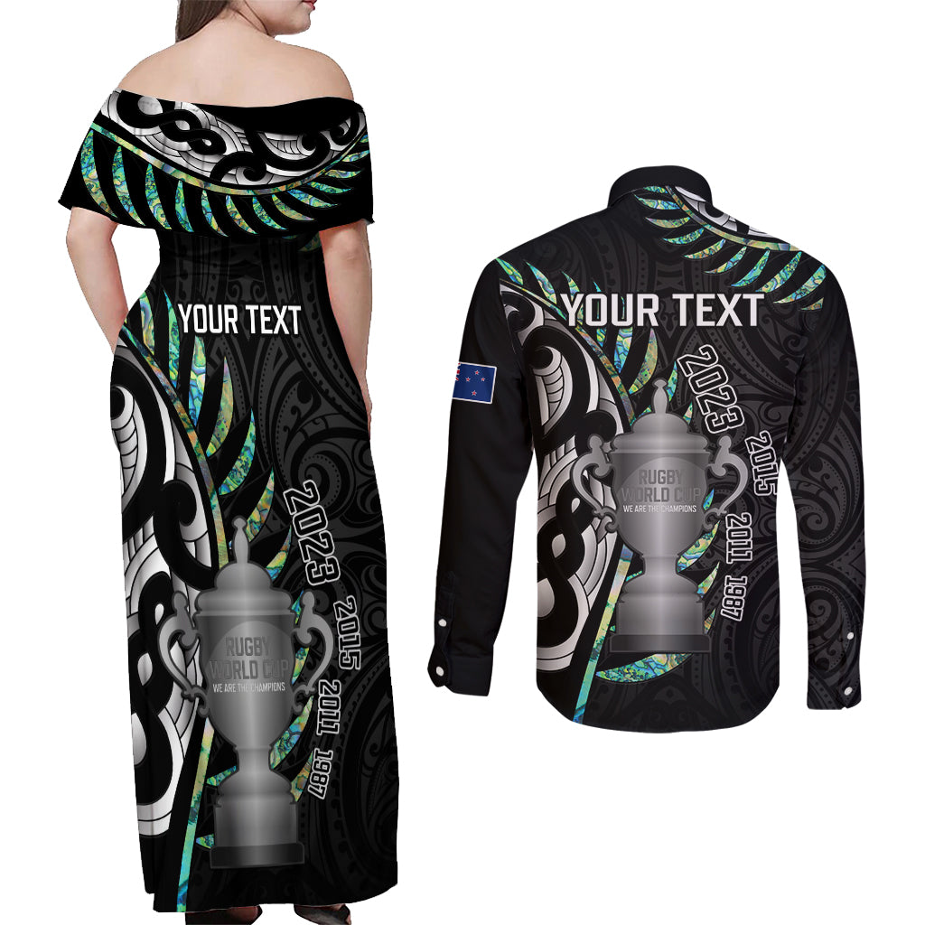 Personalised New Zealand Silver Fern Rugby Couples Matching Off Shoulder Maxi Dress and Long Sleeve Button Shirt Paua Shell With Champions Trophy History NZ Forever LT14 - Polynesian Pride