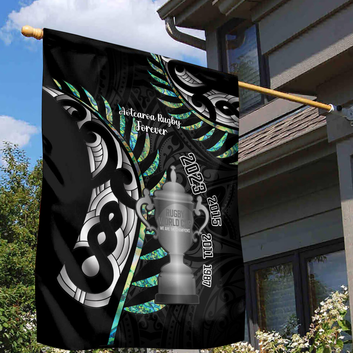 Personalised New Zealand Silver Fern Rugby Garden Flag Paua Shell With Champions Trophy History NZ Forever LT14 - Polynesian Pride