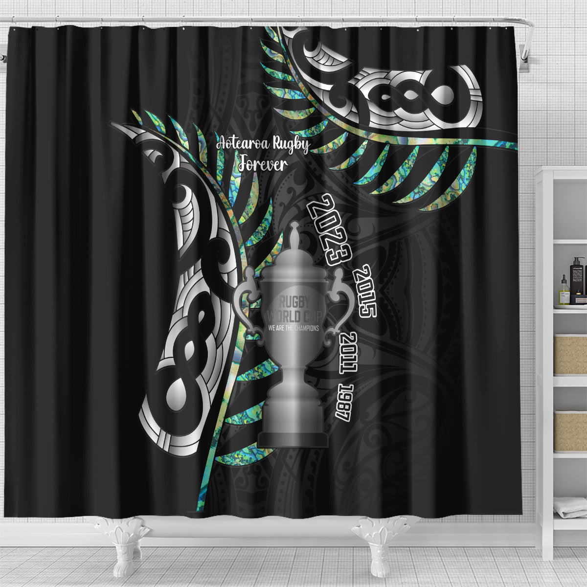 Personalised New Zealand Silver Fern Rugby Shower Curtain Paua Shell With Champions Trophy History NZ Forever LT14 - Polynesian Pride