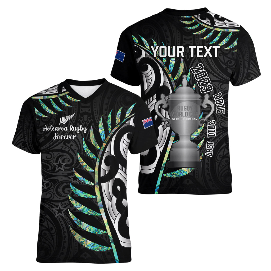 Personalised New Zealand Silver Fern Rugby Women V Neck T Shirt Paua Shell With Champions Trophy History NZ Forever LT14 - Polynesian Pride