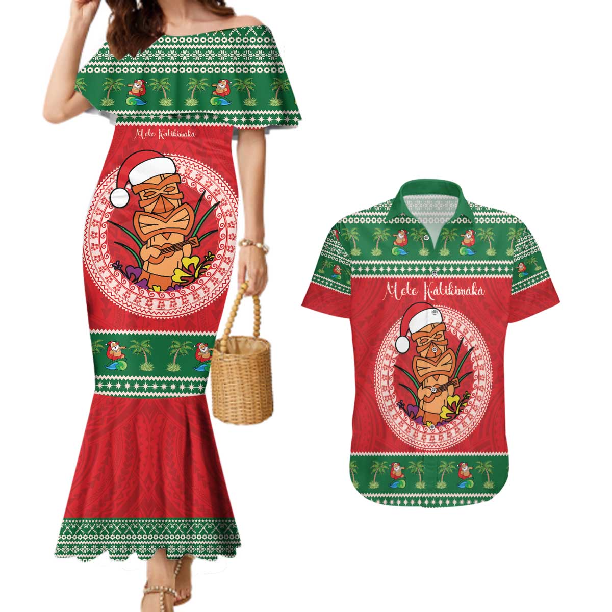 Personalized Hawaii Christmas Couples Matching Mermaid Dress and Hawaiian Shirt Tiki Santa Mele Kalikimaka