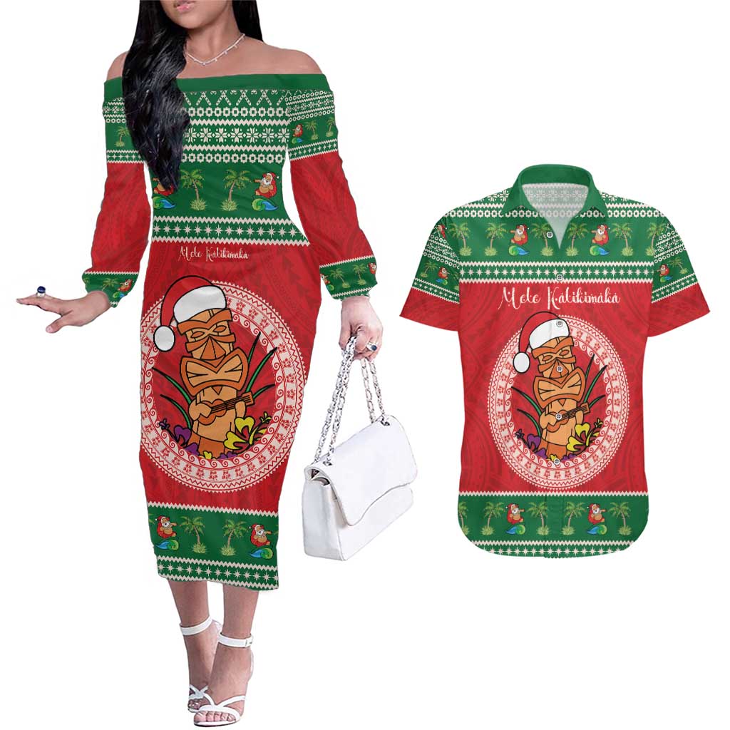 Personalized Hawaii Christmas Couples Matching Off The Shoulder Long Sleeve Dress and Hawaiian Shirt Tiki Santa Mele Kalikimaka LT14 Red - Polynesian Pride