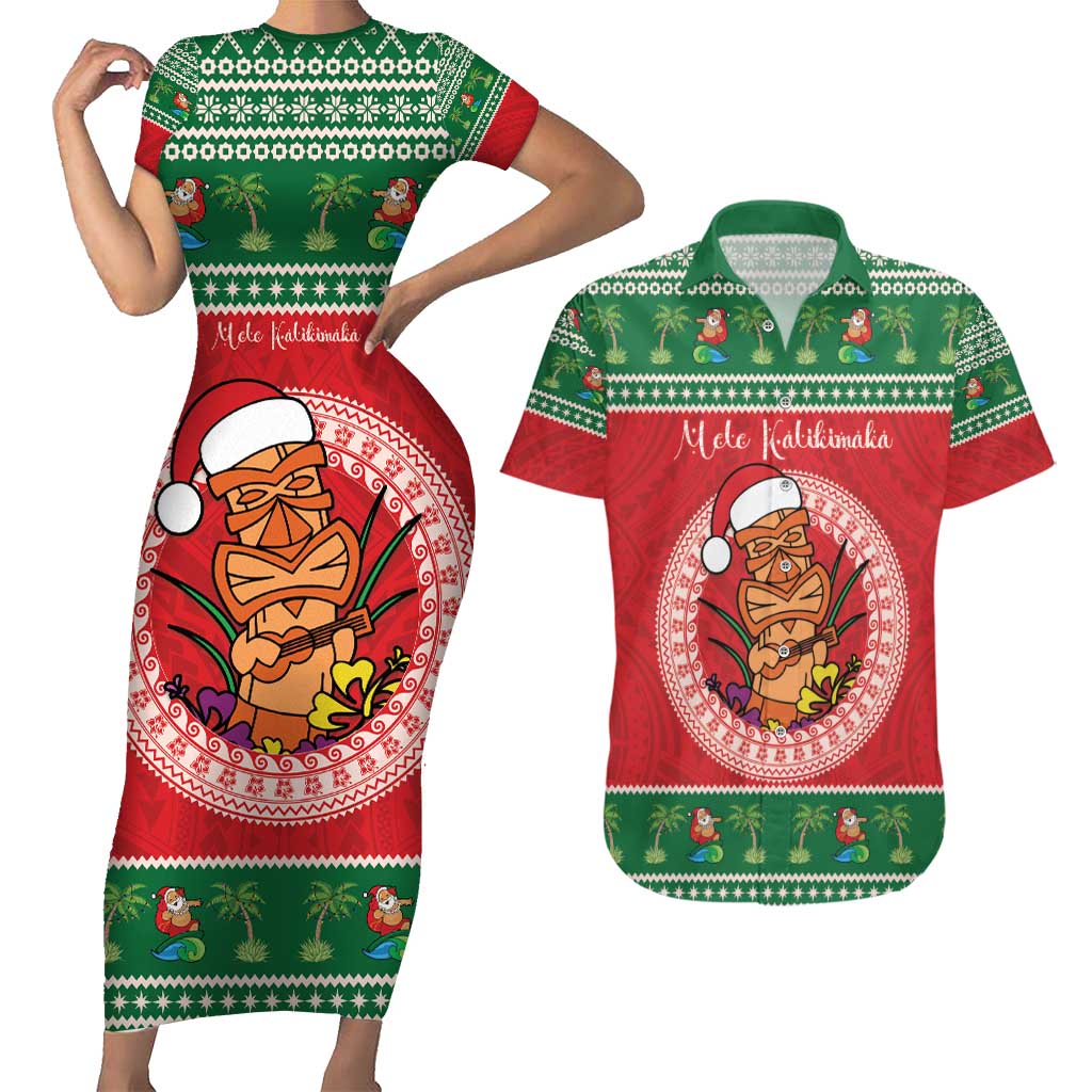 Personalized Hawaii Christmas Couples Matching Short Sleeve Bodycon Dress and Hawaiian Shirt Tiki Santa Mele Kalikimaka