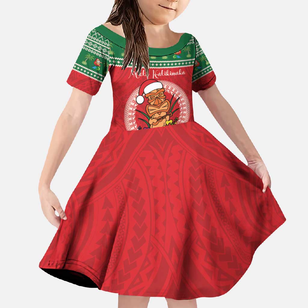Personalized Hawaii Christmas Family Matching Long Sleeve Bodycon Dress and Hawaiian Shirt Tiki Santa Mele Kalikimaka LT14 Daughter's Dress Red - Polynesian Pride