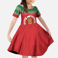 Personalized Hawaii Christmas Family Matching Long Sleeve Bodycon Dress and Hawaiian Shirt Tiki Santa Mele Kalikimaka LT14 Daughter's Dress Red - Polynesian Pride