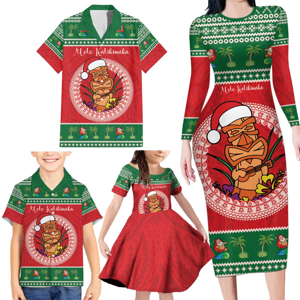 Personalized Hawaii Christmas Family Matching Long Sleeve Bodycon Dress and Hawaiian Shirt Tiki Santa Mele Kalikimaka LT14 - Polynesian Pride