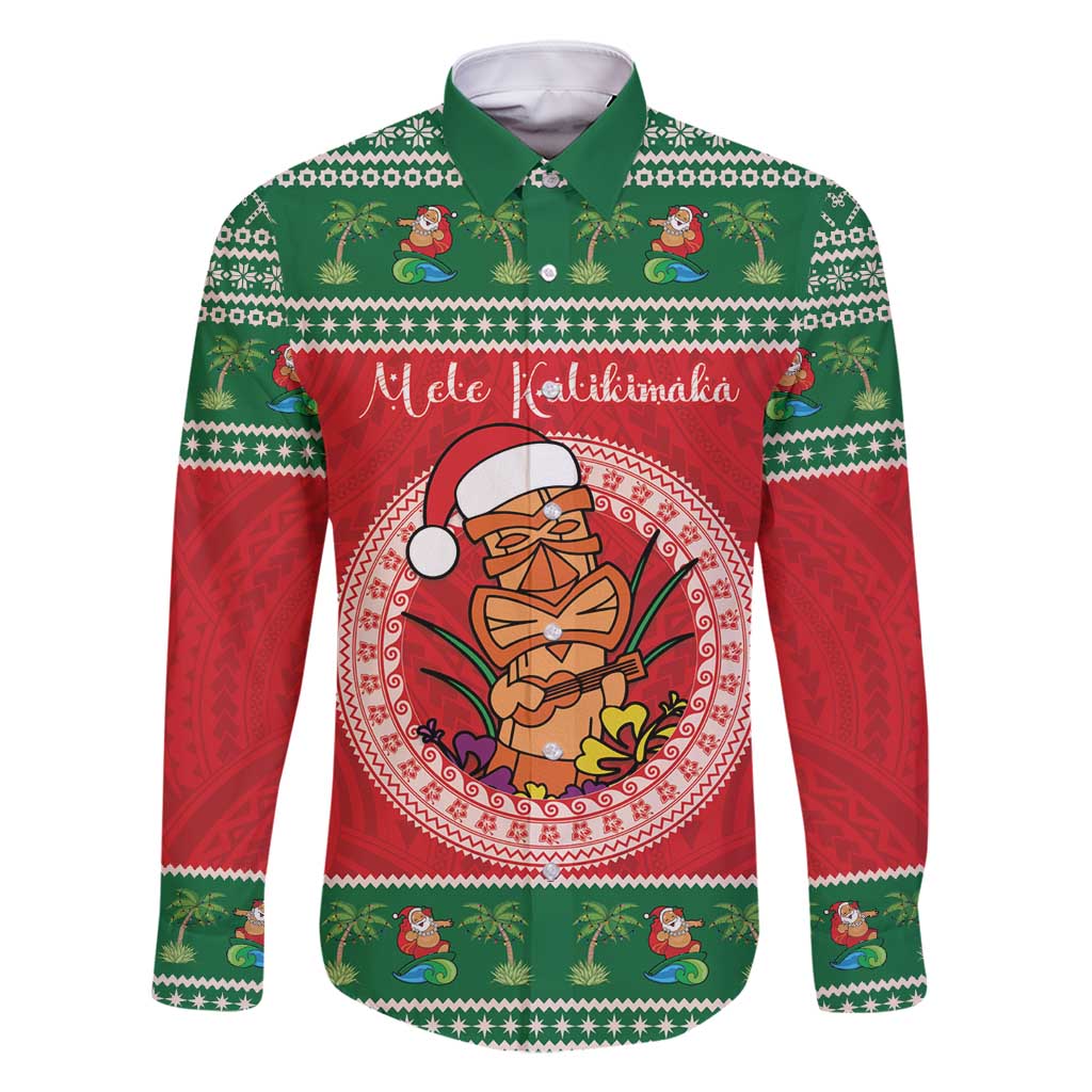 Personalized Hawaii Christmas Family Matching Long Sleeve Bodycon Dress and Hawaiian Shirt Tiki Santa Mele Kalikimaka LT14 Dad's Shirt - Long Sleeve Red - Polynesian Pride