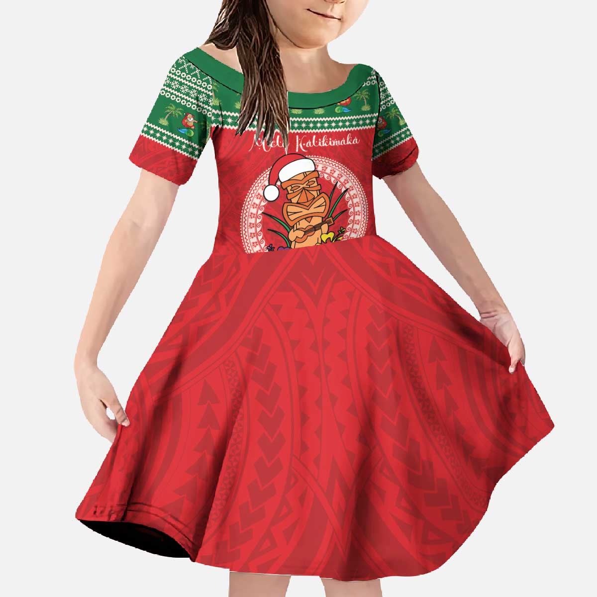 Personalized Hawaii Christmas Family Matching Off The Shoulder Long Sleeve Dress and Hawaiian Shirt Tiki Santa Mele Kalikimaka