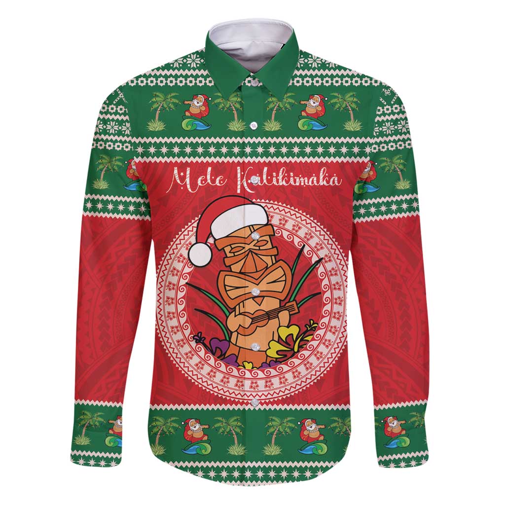 Personalized Hawaii Christmas Family Matching Puletasi and Hawaiian Shirt Tiki Santa Mele Kalikimaka LT14 Dad's Shirt - Long Sleeve Red - Polynesian Pride