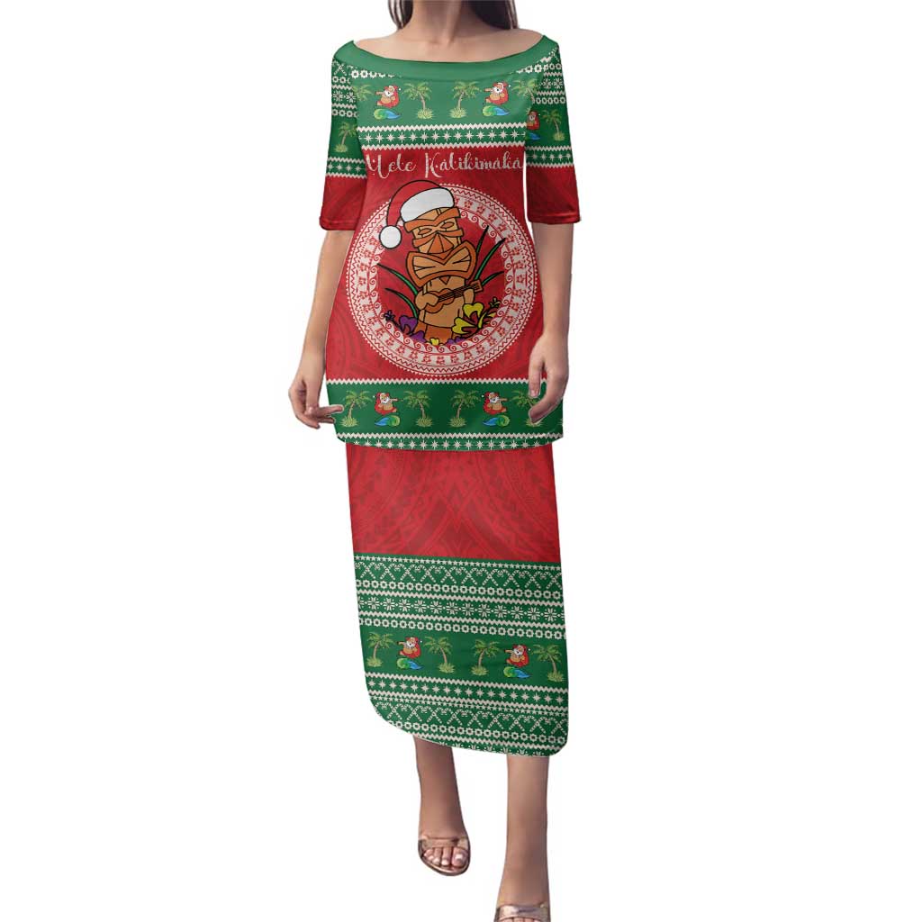 Personalized Hawaii Christmas Family Matching Puletasi and Hawaiian Shirt Tiki Santa Mele Kalikimaka LT14 Mom's Dress Red - Polynesian Pride