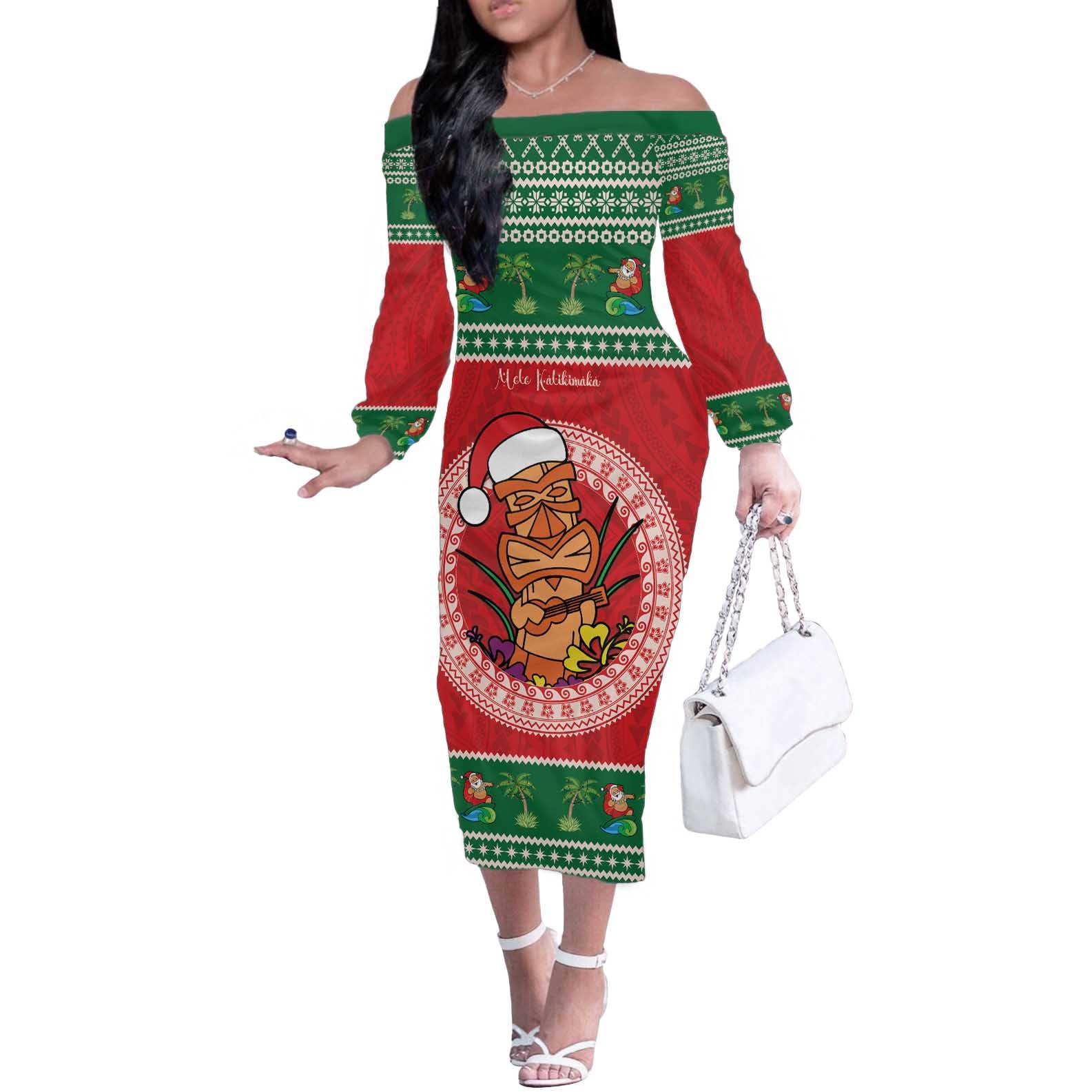 Personalized Hawaii Christmas Off The Shoulder Long Sleeve Dress Tiki Santa Mele Kalikimaka