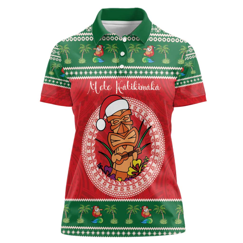 Personalized Hawaii Christmas Women Polo Shirt Tiki Santa Mele Kalikimaka