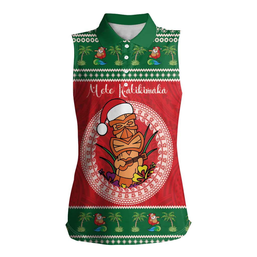 Personalized Hawaii Christmas Women Sleeveless Polo Shirt Tiki Santa Mele Kalikimaka