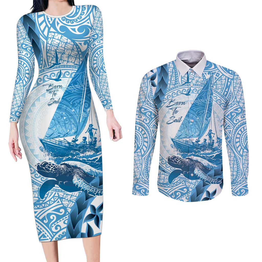 New Zealand Saling Couples Matching Long Sleeve Bodycon Dress and Long Sleeve Button Shirt Aotearoa Yacht Racing - Born To Sail