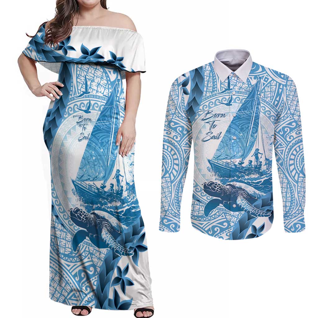 New Zealand Saling Couples Matching Off Shoulder Maxi Dress and Long Sleeve Button Shirt Aotearoa Yacht Racing - Born To Sail