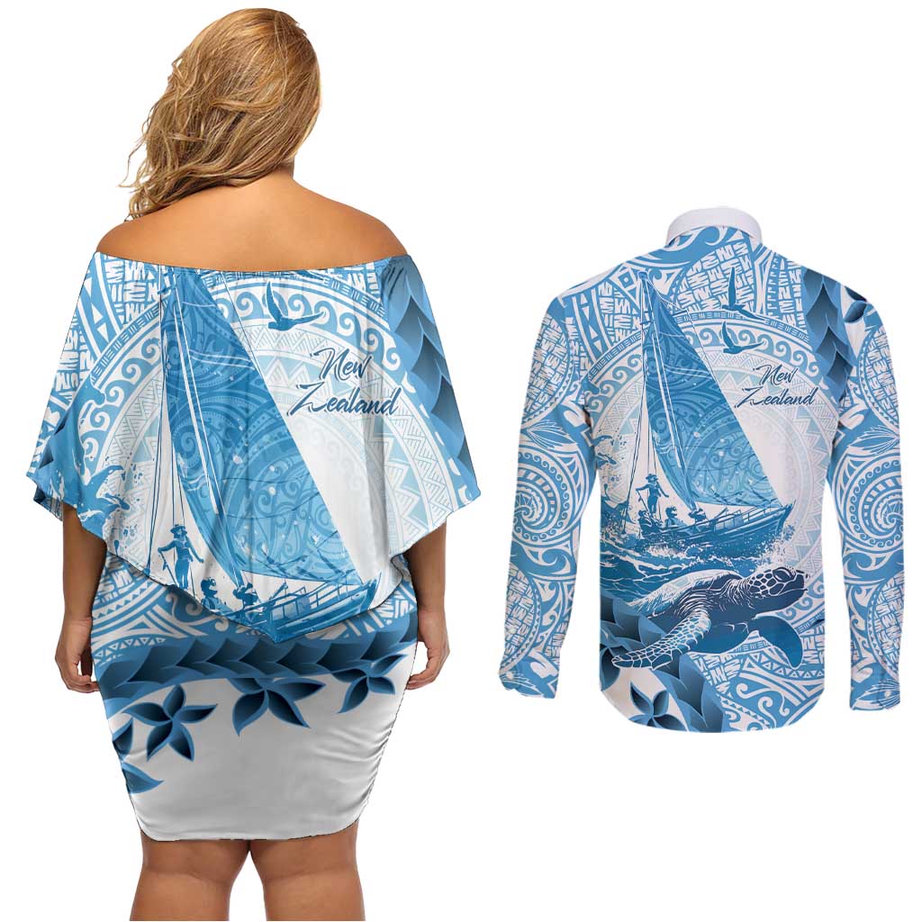New Zealand Saling Couples Matching Off Shoulder Short Dress and Long Sleeve Button Shirt Aotearoa Yacht Racing - Born To Sail