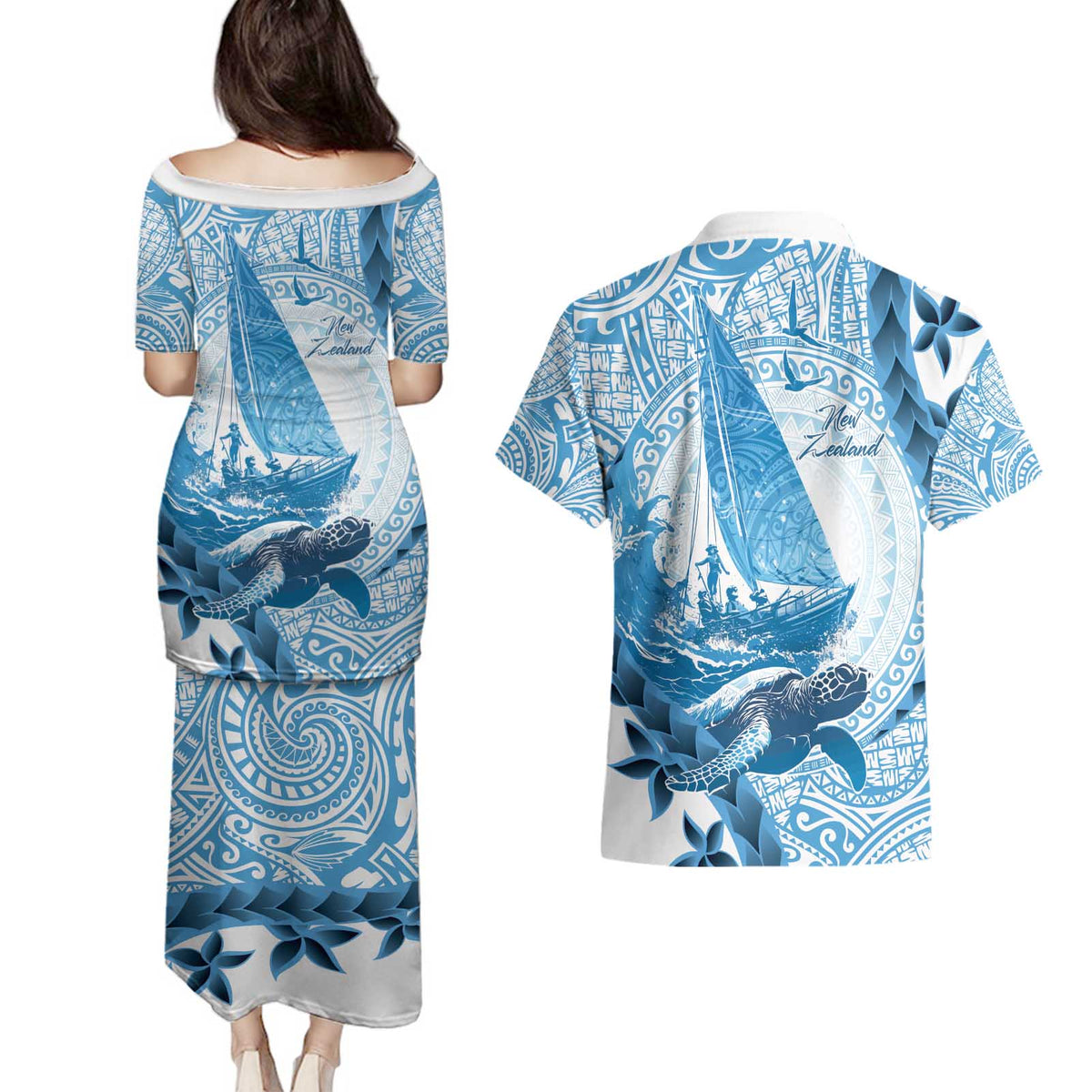 New Zealand Saling Couples Matching Puletasi and Hawaiian Shirt Aotearoa Yacht Racing - Born To Sail