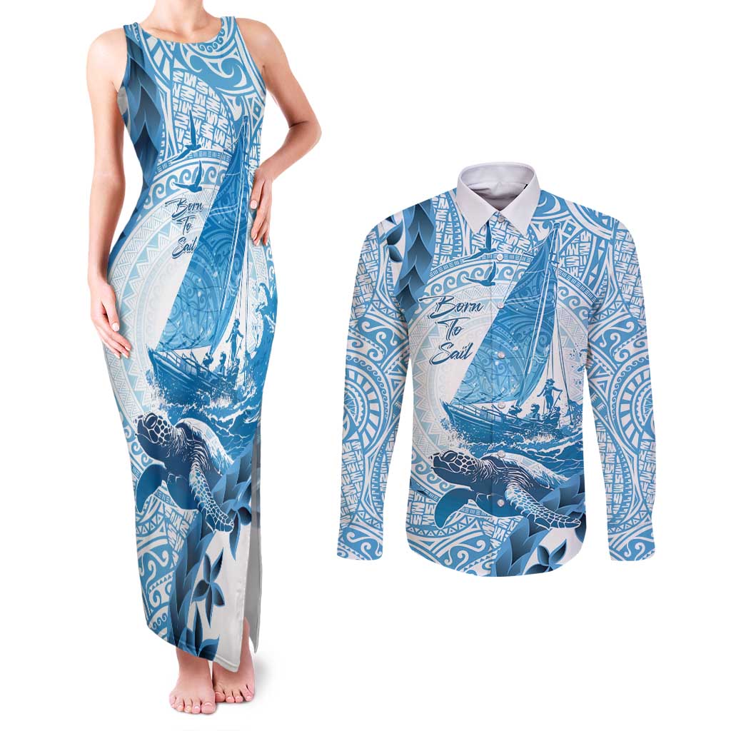 New Zealand Saling Couples Matching Tank Maxi Dress and Long Sleeve Button Shirt Aotearoa Yacht Racing - Born To Sail