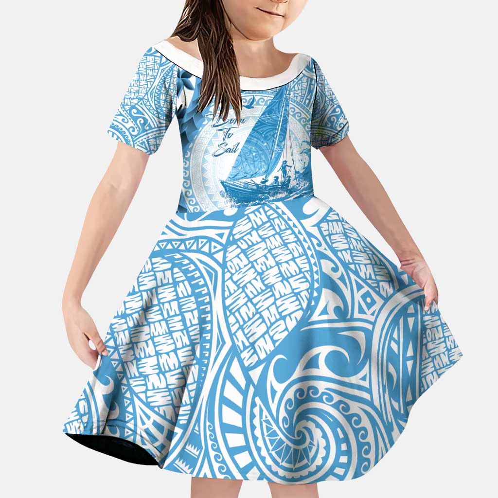 New Zealand Sailing Family Matching Puletasi and Hawaiian Shirt Aotearoa Yacht Racing - Born To Sail LT14 Daughter's Dress Blue - Polynesian Pride
