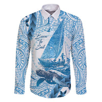 New Zealand Sailing Family Matching Puletasi and Hawaiian Shirt Aotearoa Yacht Racing - Born To Sail LT14 Dad's Shirt - Long Sleeve Blue - Polynesian Pride