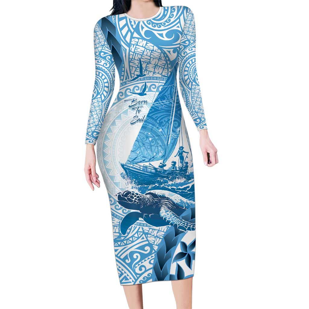 New Zealand Sailing Long Sleeve Bodycon Dress Aotearoa Yacht Racing - Born To Sail LT14 Long Dress Blue - Polynesian Pride