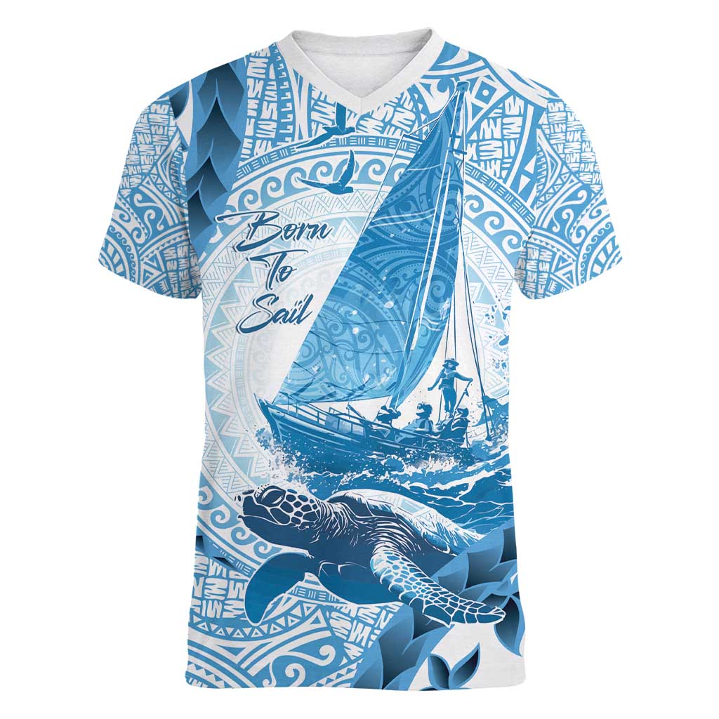 New Zealand Sailing Women V-Neck T-Shirt Aotearoa Yacht Racing - Born To Sail LT14 Female Blue - Polynesian Pride