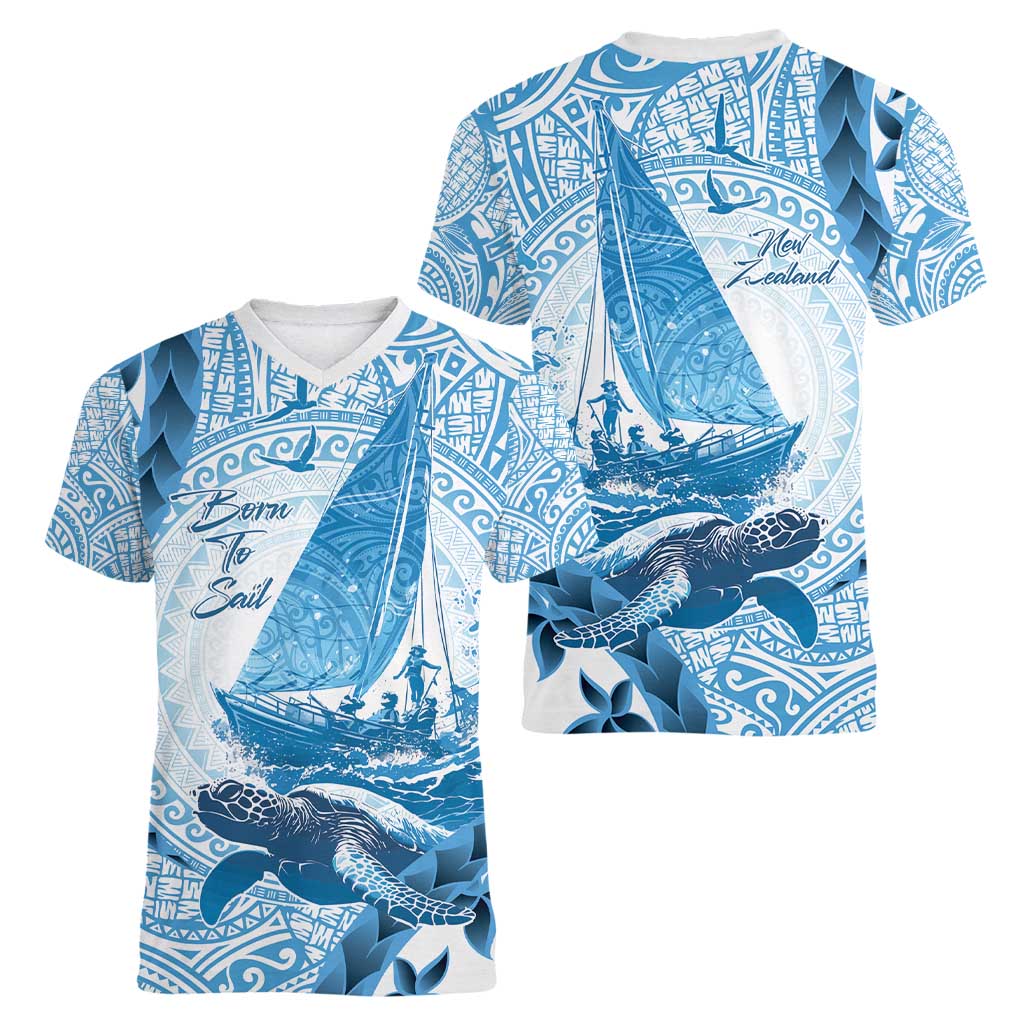 New Zealand Sailing Women V-Neck T-Shirt Aotearoa Yacht Racing - Born To Sail LT14 - Polynesian Pride