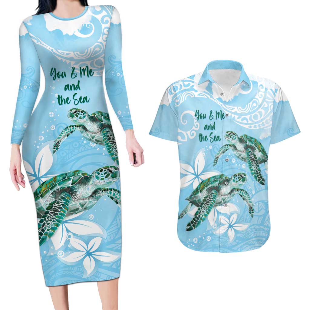 Personalised Polynesia Valentine's Day Couples Matching Long Sleeve Bodycon Dress and Hawaiian Shirt SeaTurtle Couple Polynesian - Fairy Sparkles Color