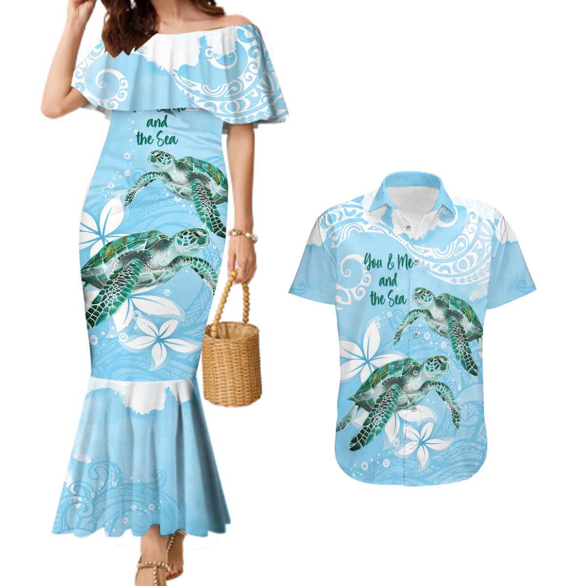 Personalised Polynesia Valentine's Day Couples Matching Mermaid Dress and Hawaiian Shirt SeaTurtle Couple Polynesian - Fairy Sparkles Color