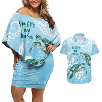 Personalised Polynesia Valentine's Day Couples Matching Off Shoulder Short Dress and Hawaiian Shirt SeaTurtle Couple Polynesian - Fairy Sparkles Color LT14 Blue - Polynesian Pride