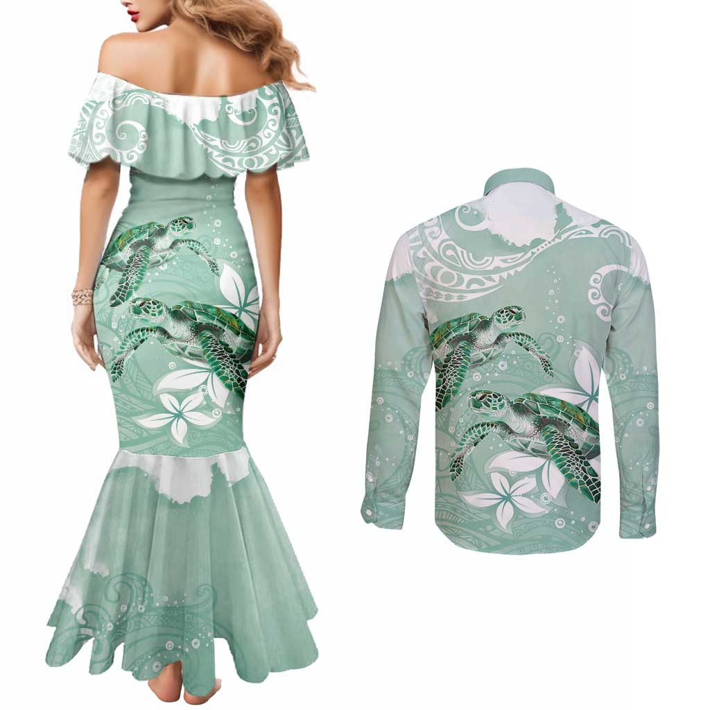 Happy Valentine's Day Polynesia Couples Matching Mermaid Dress and Long Sleeve Button Shirt SeaTurtle Couple Polynesian - Green Lester Color