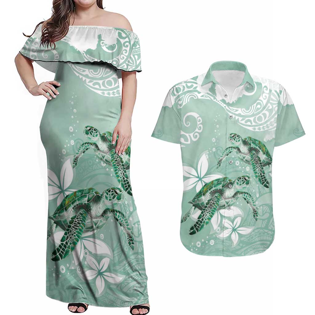 Happy Valentine's Day Polynesia Couples Matching Off Shoulder Maxi Dress and Hawaiian Shirt SeaTurtle Couple Polynesian - Green Lester Color