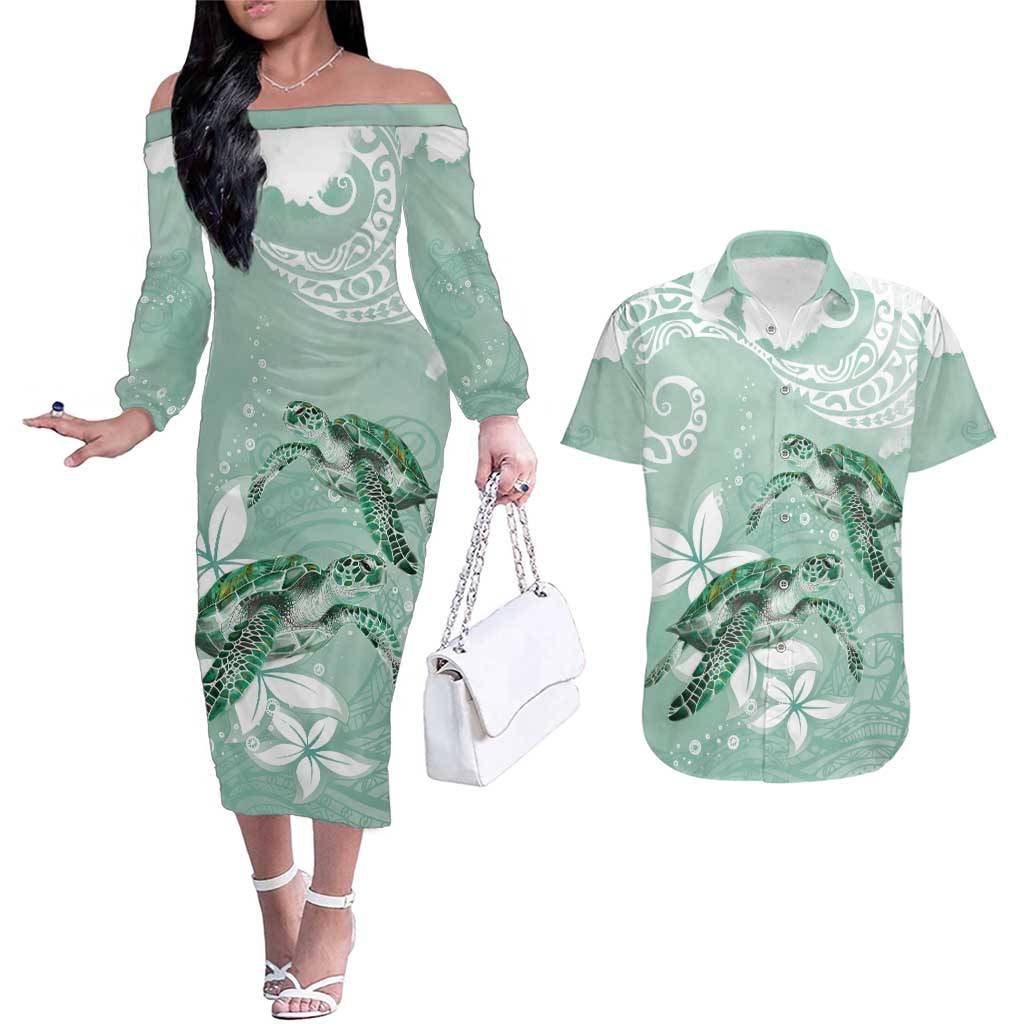 Happy Valentine's Day Polynesia Couples Matching Off The Shoulder Long Sleeve Dress and Hawaiian Shirt SeaTurtle Couple Polynesian - Green Lester Color