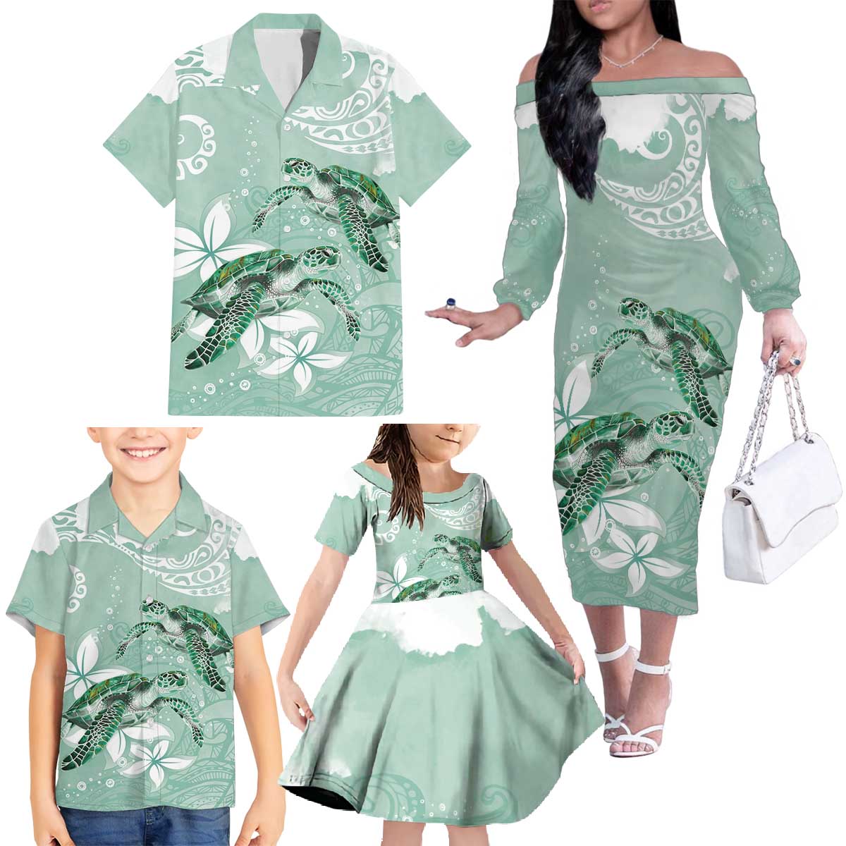 Happy Valentine's Day Polynesia Family Matching Off The Shoulder Long Sleeve Dress and Hawaiian Shirt SeaTurtle Couple Polynesian - Green Lester Color