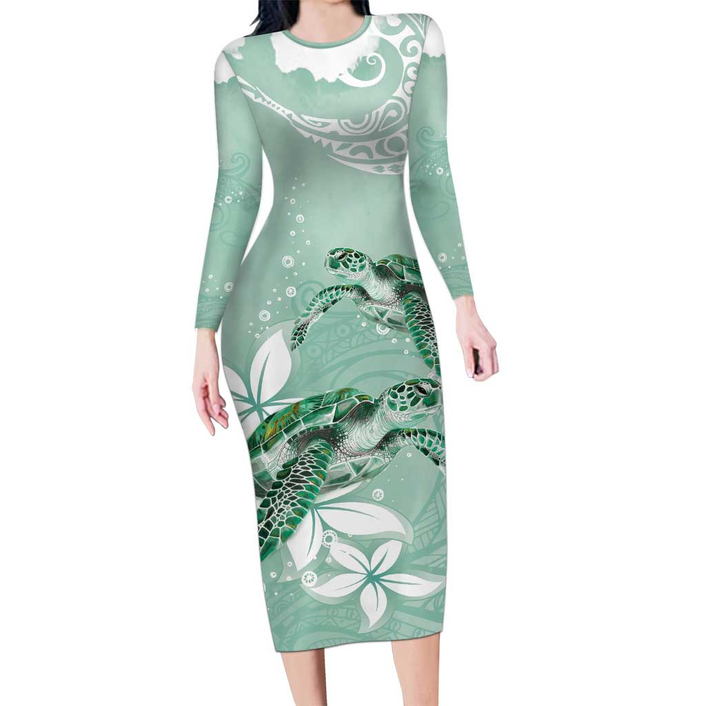 Happy Valentine's Day Polynesia Long Sleeve Bodycon Dress SeaTurtle Couple Polynesian - Green Lester Color