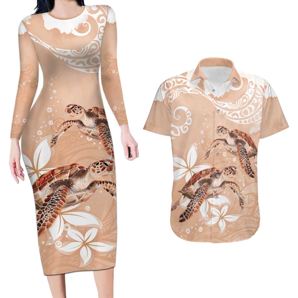 Happy Valentine's Day Polynesia Couples Matching Long Sleeve Bodycon Dress and Hawaiian Shirt SeaTurtle Couple Polynesian - Desert Sand Color