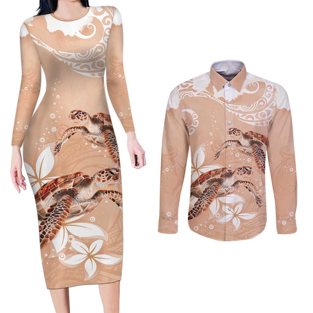 Happy Valentine's Day Polynesia Couples Matching Long Sleeve Bodycon Dress and Long Sleeve Button Shirt SeaTurtle Couple Polynesian - Desert Sand Color