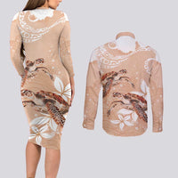 Happy Valentine's Day Polynesia Couples Matching Long Sleeve Bodycon Dress and Long Sleeve Button Shirt SeaTurtle Couple Polynesian - Desert Sand Color