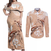 Happy Valentine's Day Polynesia Couples Matching Off Shoulder Maxi Dress and Long Sleeve Button Shirt SeaTurtle Couple Polynesian - Desert Sand Color